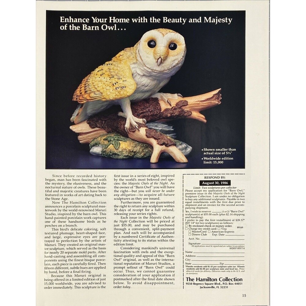 Hamilton Collection "The Barn Owl" Porcelain Sculptured Art Vtg Print Ad 1986